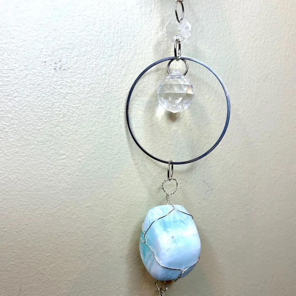 Blue Calcite Hanging | Silver Goddess Charm | Intuition Creativity Stone Decor